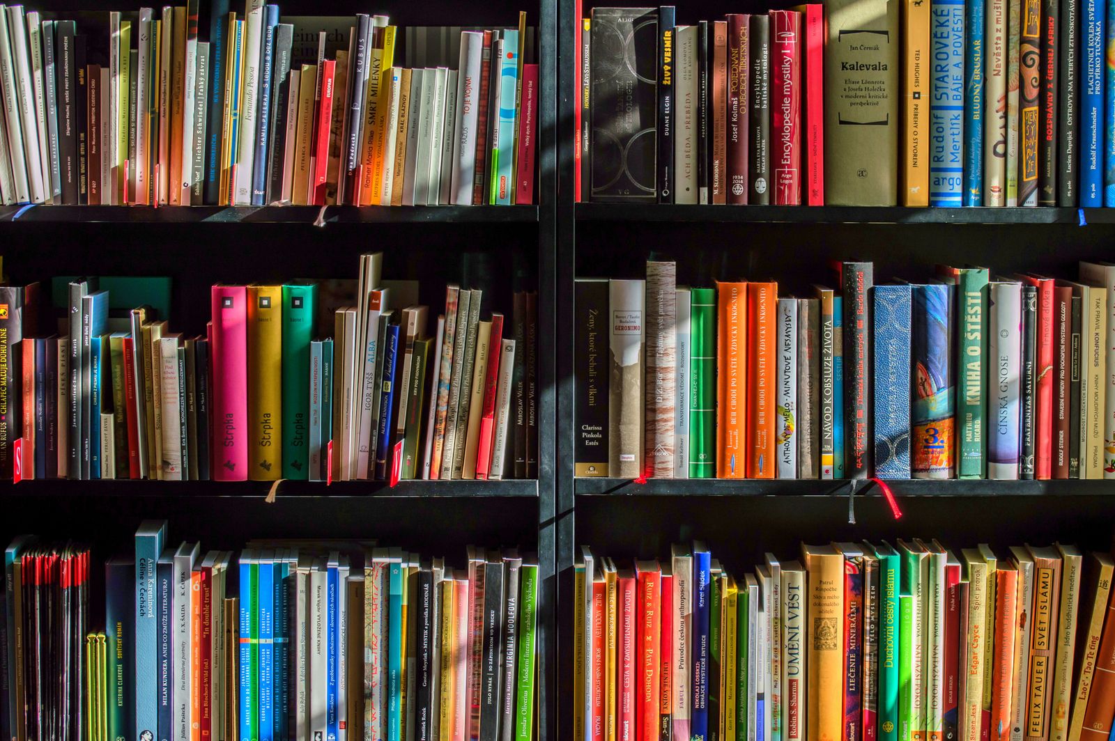 Estante fechada de livraria com lombadas coloridas organizadas por seção